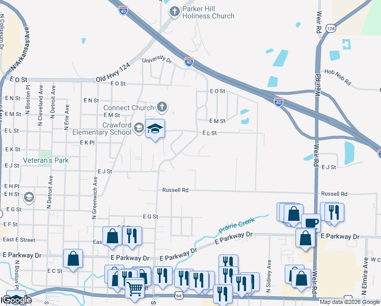 map of restaurants, bars, coffee shops, grocery stores, and more near 1318 East K Street in Russellville