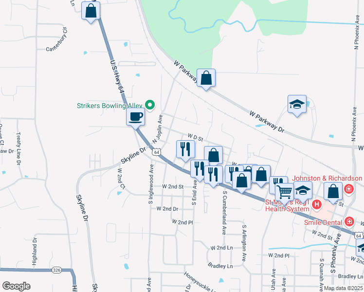 map of restaurants, bars, coffee shops, grocery stores, and more near 200 North Hastings Avenue in Russellville