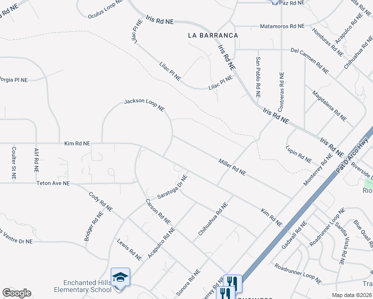 map of restaurants, bars, coffee shops, grocery stores, and more near 5711 Miller Road Northeast in Rio Rancho