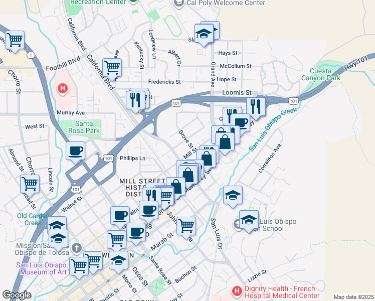 map of restaurants, bars, coffee shops, grocery stores, and more near 711 Grove Street in San Luis Obispo
