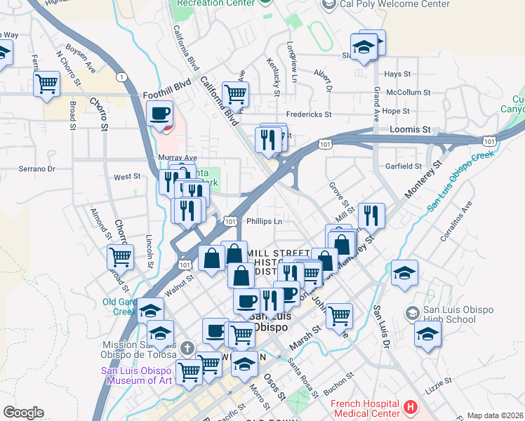map of restaurants, bars, coffee shops, grocery stores, and more near 603 Johnson Avenue in San Luis Obispo