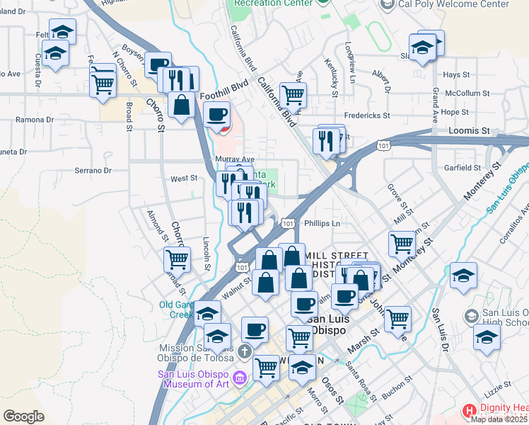 map of restaurants, bars, coffee shops, grocery stores, and more near 368 Lemon Street in San Luis Obispo