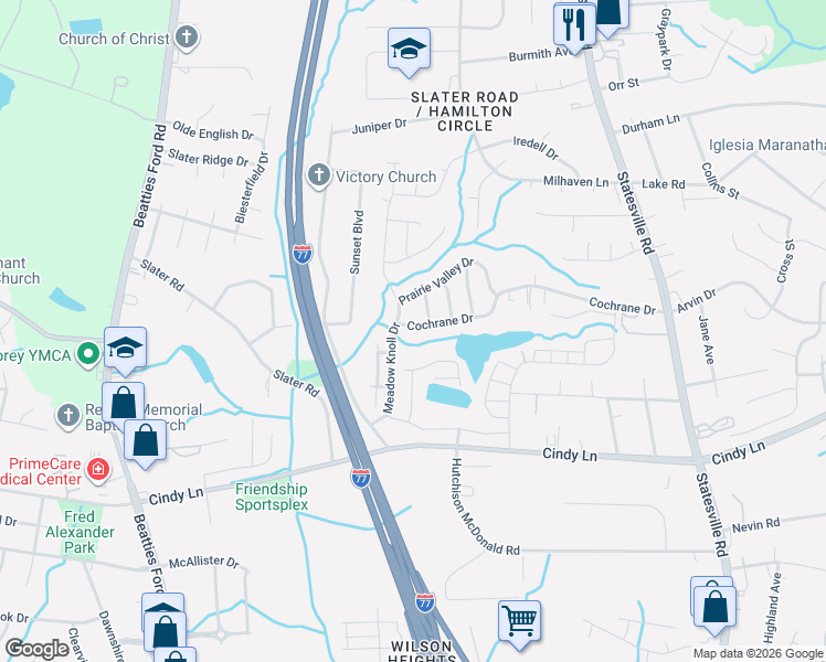 map of restaurants, bars, coffee shops, grocery stores, and more near 2838 Meadow Knoll Drive in Charlotte