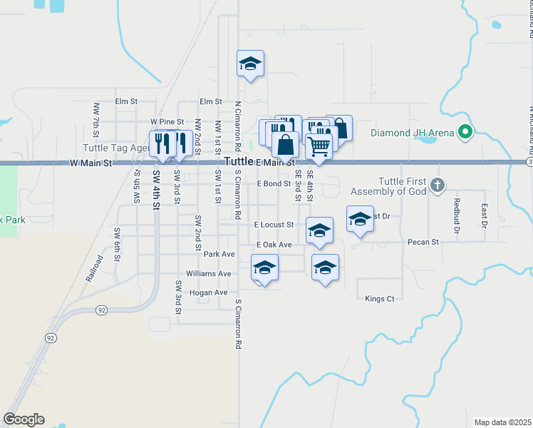 map of restaurants, bars, coffee shops, grocery stores, and more near 105 East Maple in Tuttle