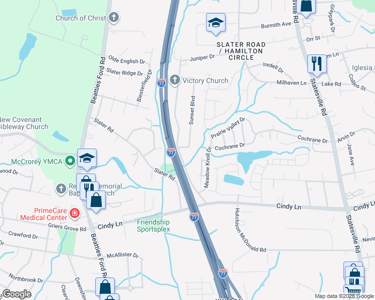 map of restaurants, bars, coffee shops, grocery stores, and more near 2116 Sunset Boulevard in Charlotte