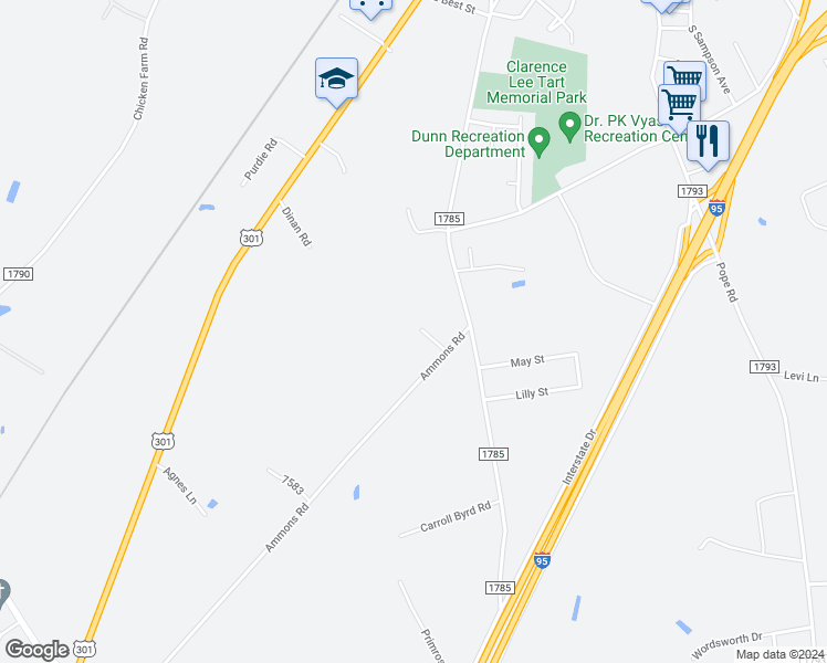 map of restaurants, bars, coffee shops, grocery stores, and more near 107 Oakdale Drive in Dunn