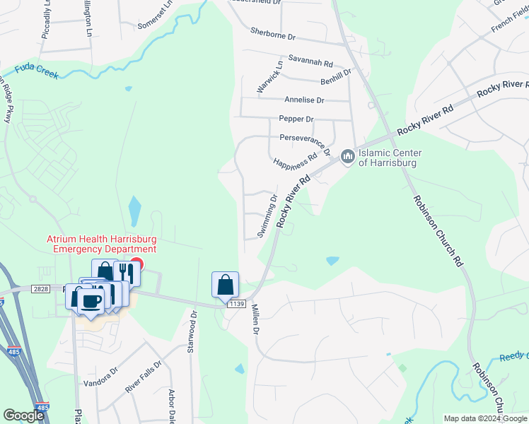 map of restaurants, bars, coffee shops, grocery stores, and more near 9308 Swimming Drive in Charlotte