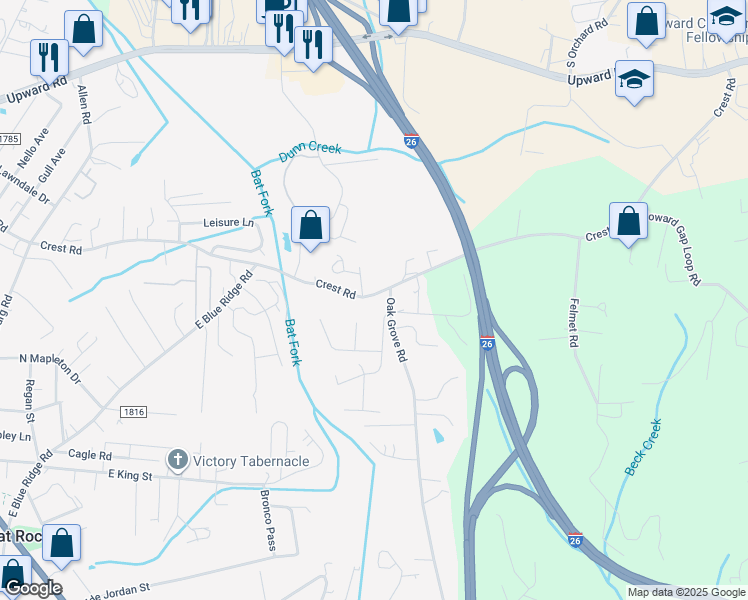 map of restaurants, bars, coffee shops, grocery stores, and more near 428 Crest Road in East Flat Rock