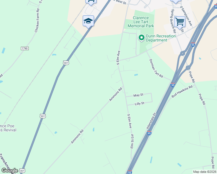 map of restaurants, bars, coffee shops, grocery stores, and more near 107 Oakdale Drive in Dunn