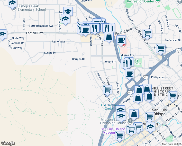 map of restaurants, bars, coffee shops, grocery stores, and more near 201 Broad Street in San Luis Obispo