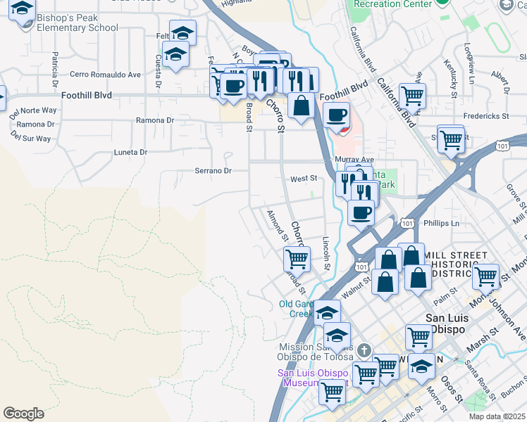 map of restaurants, bars, coffee shops, grocery stores, and more near 752 Mission Street in San Luis Obispo
