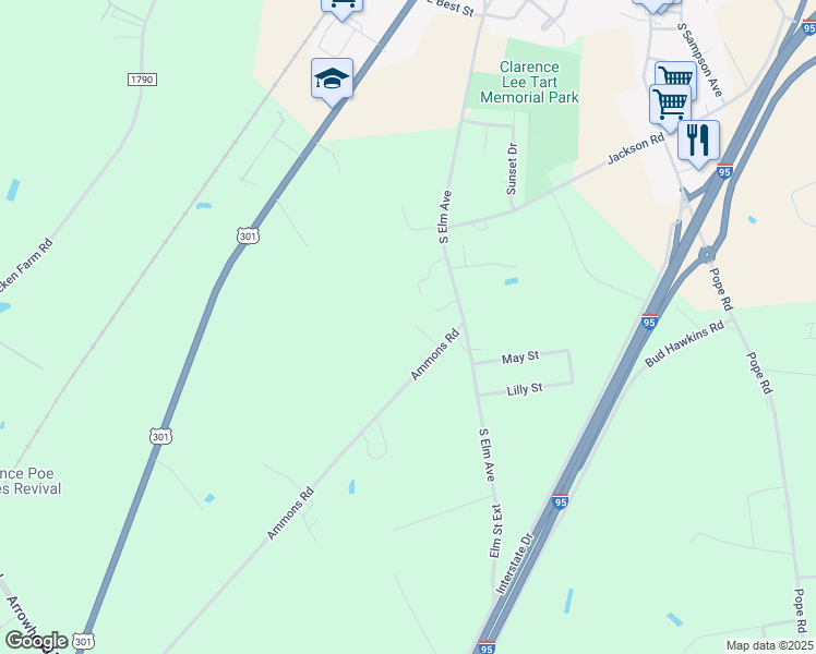 map of restaurants, bars, coffee shops, grocery stores, and more near 107 Oakdale Drive in Dunn