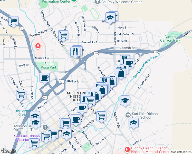 map of restaurants, bars, coffee shops, grocery stores, and more near 710 California Boulevard in San Luis Obispo