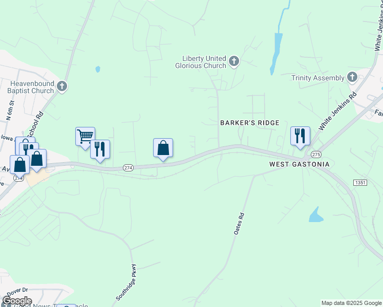 map of restaurants, bars, coffee shops, grocery stores, and more near 513 Hedrick Road in Bessemer City