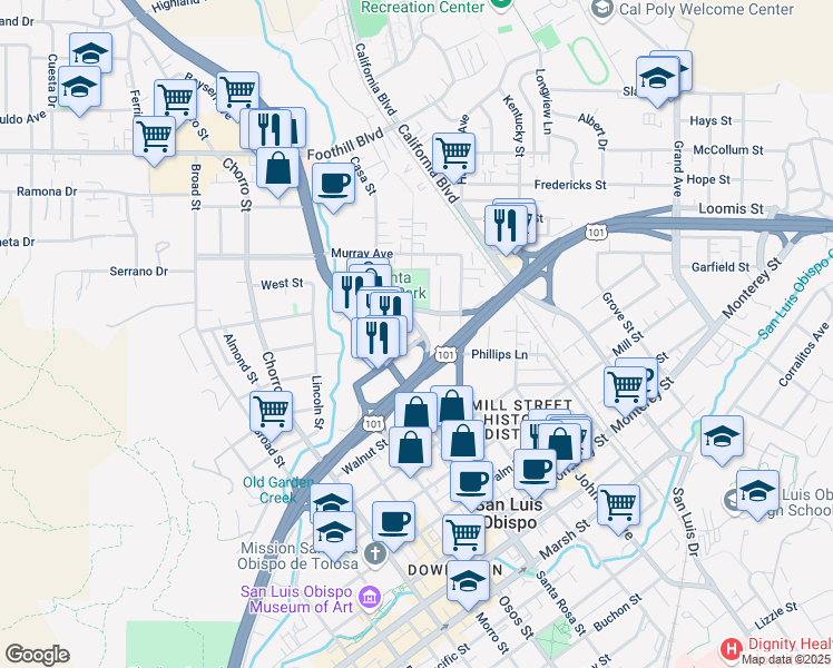 map of restaurants, bars, coffee shops, grocery stores, and more near 368 Lemon Street in San Luis Obispo