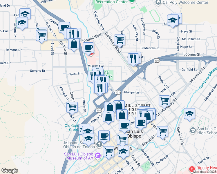 map of restaurants, bars, coffee shops, grocery stores, and more near 368 Lemon Street in San Luis Obispo