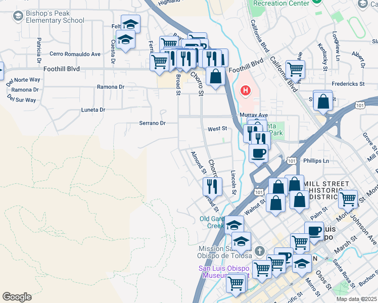 map of restaurants, bars, coffee shops, grocery stores, and more near 752 Mission Street in San Luis Obispo