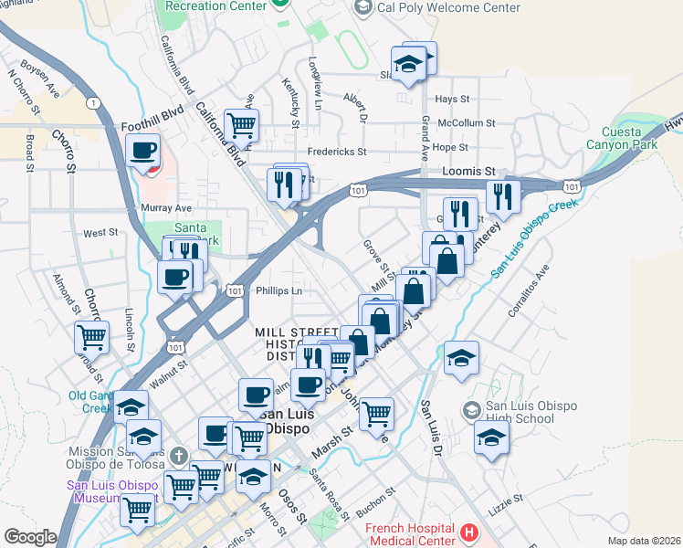 map of restaurants, bars, coffee shops, grocery stores, and more near 634 California Boulevard in San Luis Obispo