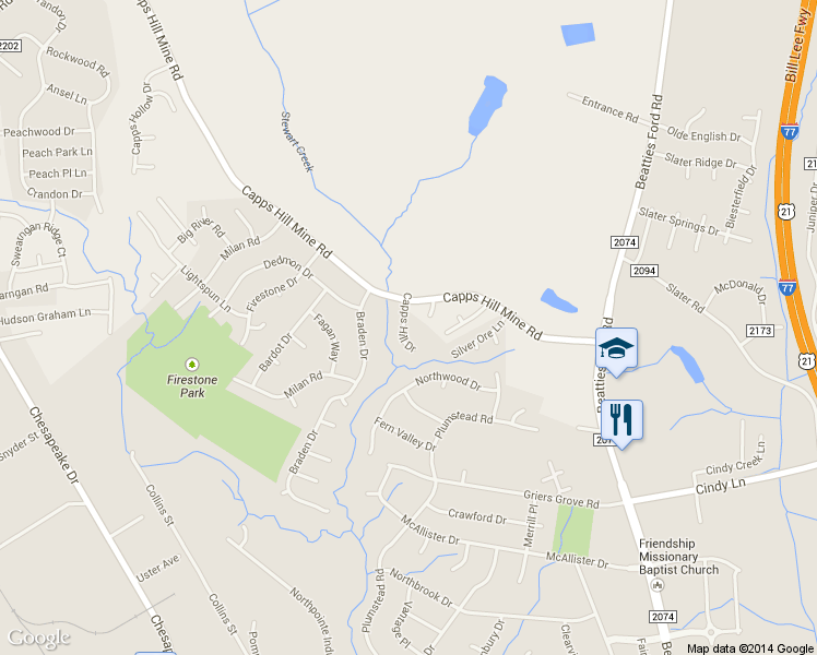 map of restaurants, bars, coffee shops, grocery stores, and more near 3753 Capps Hill Drive in Charlotte