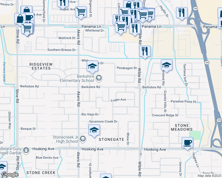 map of restaurants, bars, coffee shops, grocery stores, and more near 7304 Asseri Street in Bakersfield
