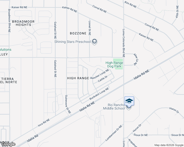 map of restaurants, bars, coffee shops, grocery stores, and more near 1837 Round Up Drive Northeast in Rio Rancho