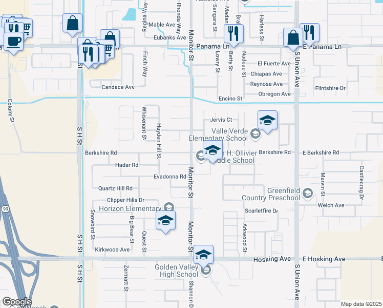 map of restaurants, bars, coffee shops, grocery stores, and more near 7310 Monitor Street in Bakersfield