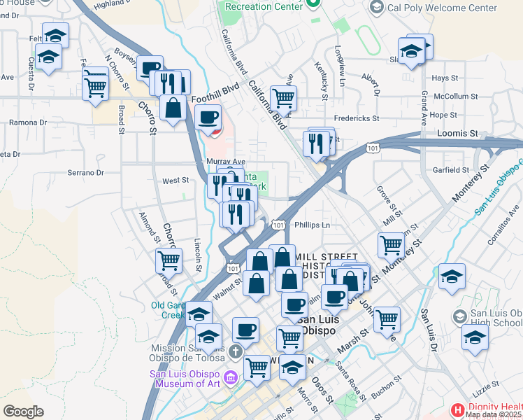 map of restaurants, bars, coffee shops, grocery stores, and more near 368 Lemon Street in San Luis Obispo