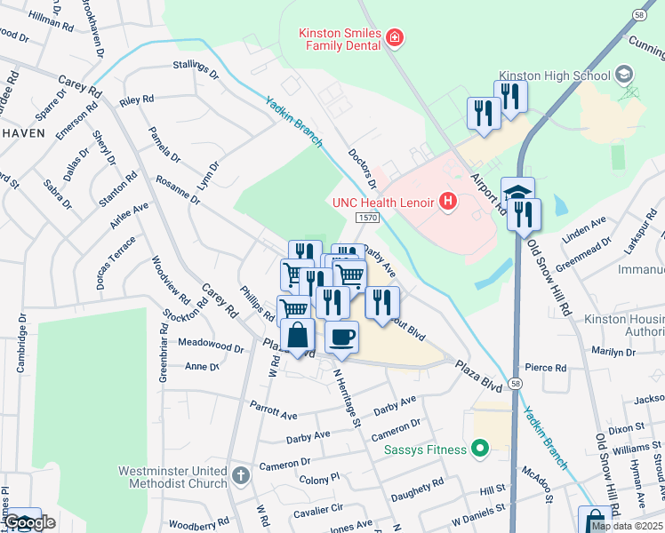 map of restaurants, bars, coffee shops, grocery stores, and more near 2508 North Herritage Street in Kinston