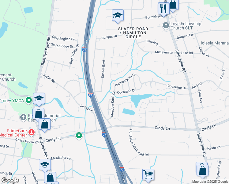 map of restaurants, bars, coffee shops, grocery stores, and more near 2838 Meadow Knoll Drive in Charlotte
