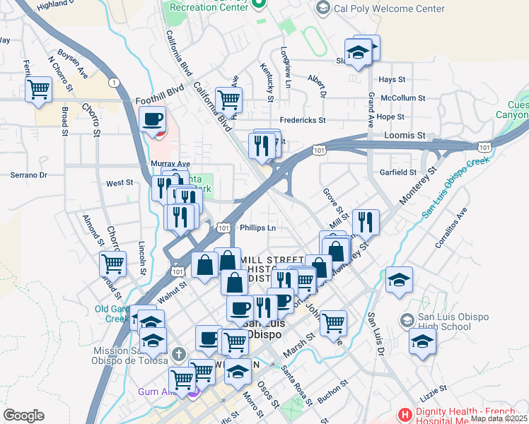 map of restaurants, bars, coffee shops, grocery stores, and more near 603 Johnson Avenue in San Luis Obispo