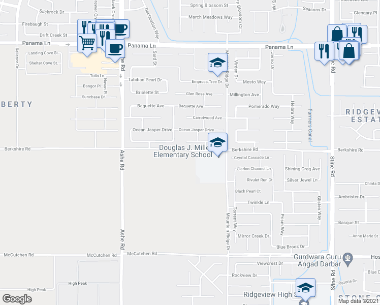 map of restaurants, bars, coffee shops, grocery stores, and more near 6015 Blue Spruce Avenue in Bakersfield