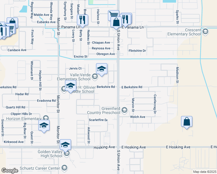 map of restaurants, bars, coffee shops, grocery stores, and more near 209 Hurst Lane in Bakersfield