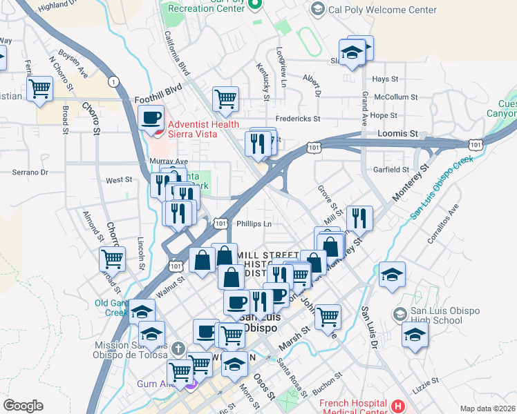 map of restaurants, bars, coffee shops, grocery stores, and more near 603 Johnson Avenue in San Luis Obispo