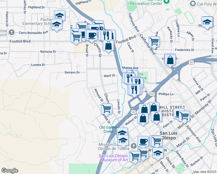 map of restaurants, bars, coffee shops, grocery stores, and more near 826 Mission Street in San Luis Obispo