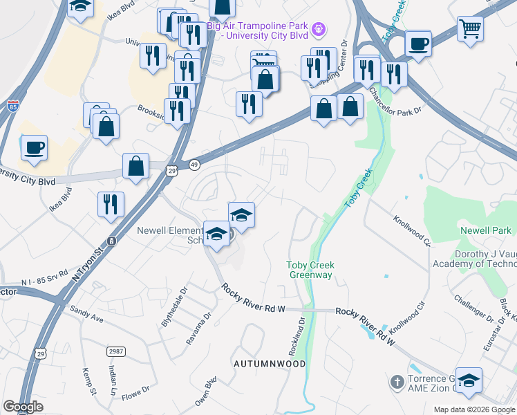 map of restaurants, bars, coffee shops, grocery stores, and more near 736 Brooke Nicole Place in Charlotte