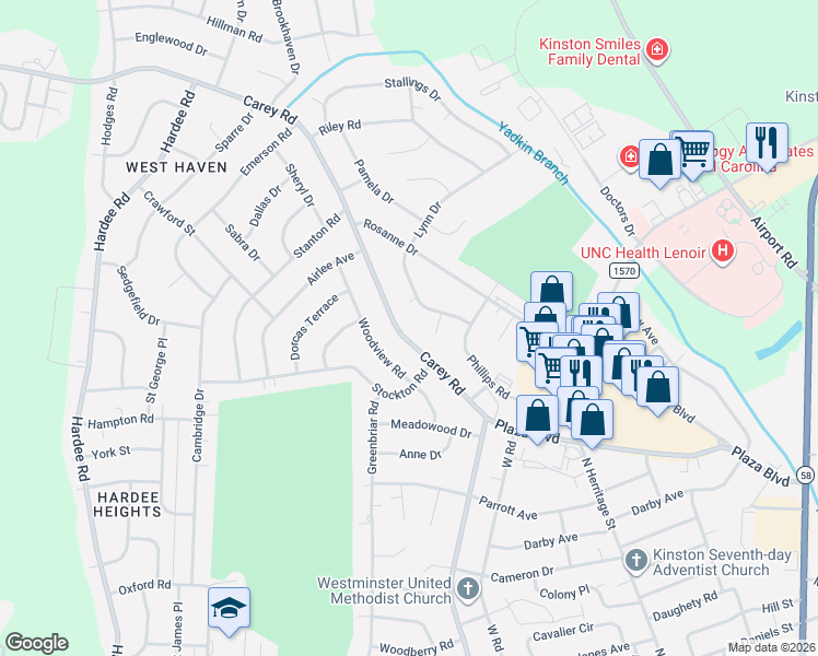 map of restaurants, bars, coffee shops, grocery stores, and more near 2409 Carey Road in Kinston