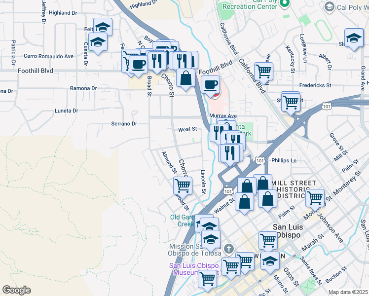 map of restaurants, bars, coffee shops, grocery stores, and more near 835 Mission Street in San Luis Obispo