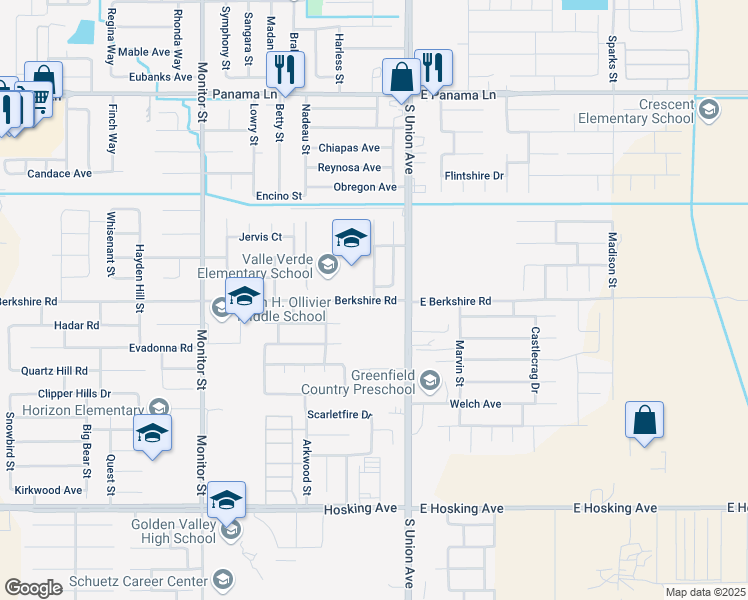 map of restaurants, bars, coffee shops, grocery stores, and more near 400 Berkshire Road in Bakersfield