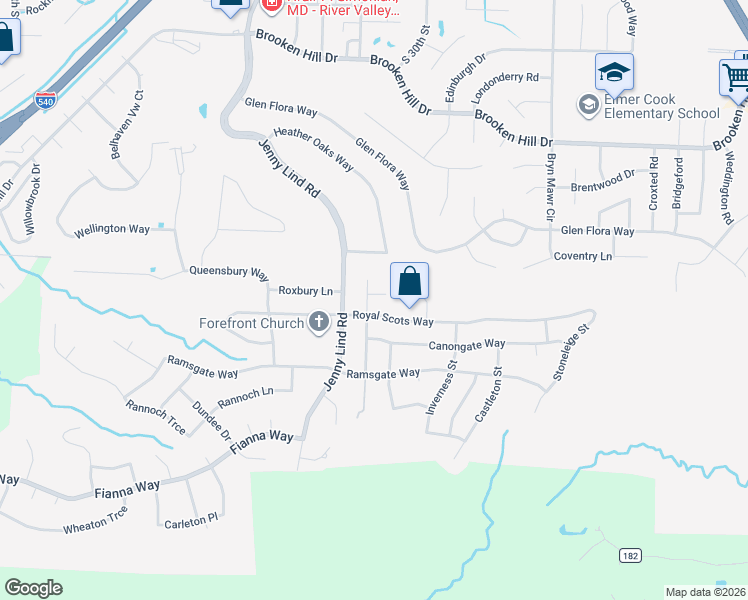 map of restaurants, bars, coffee shops, grocery stores, and more near 10200 7 Oaks Road in Fort Smith