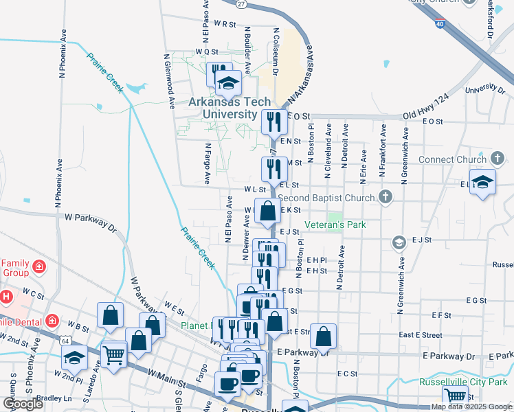 map of restaurants, bars, coffee shops, grocery stores, and more near 209 West L Street in Russellville