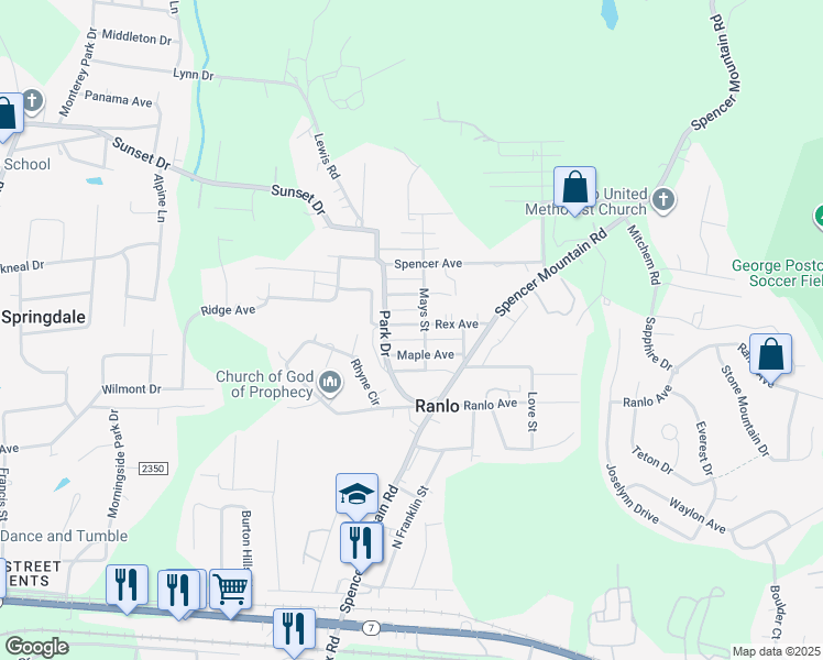 map of restaurants, bars, coffee shops, grocery stores, and more near 65 Rex Avenue in Gastonia