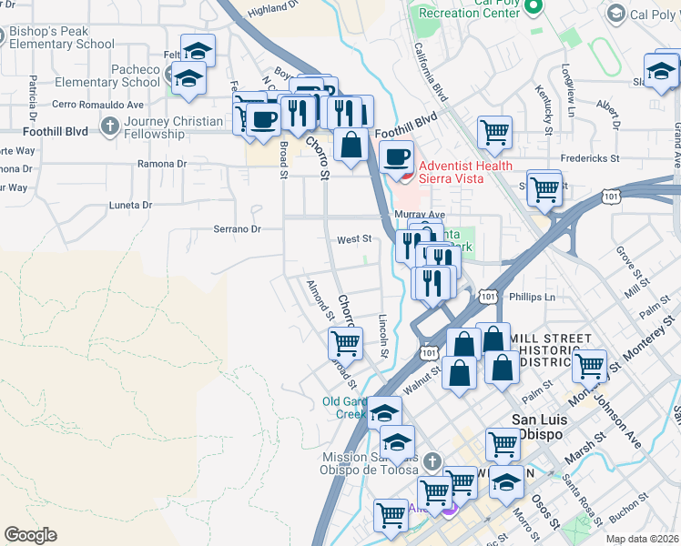 map of restaurants, bars, coffee shops, grocery stores, and more near 826 Mission Street in San Luis Obispo