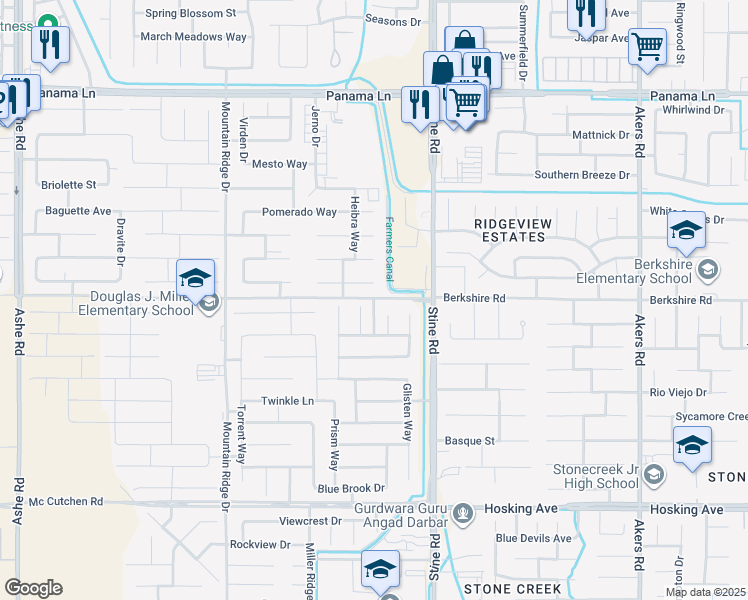 map of restaurants, bars, coffee shops, grocery stores, and more near Berkshire Road in Bakersfield