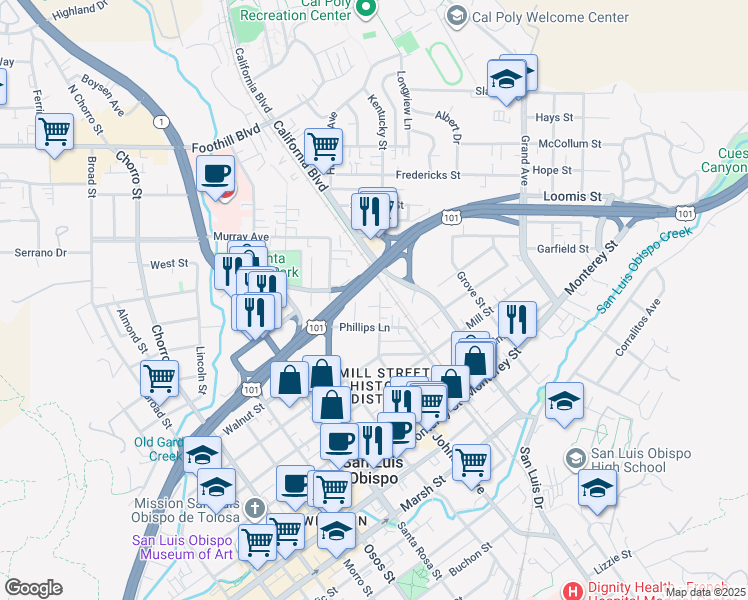map of restaurants, bars, coffee shops, grocery stores, and more near 603 Johnson Avenue in San Luis Obispo
