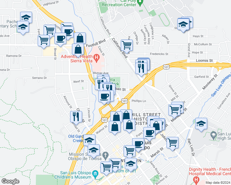 map of restaurants, bars, coffee shops, grocery stores, and more near 368 Lemon Street in San Luis Obispo