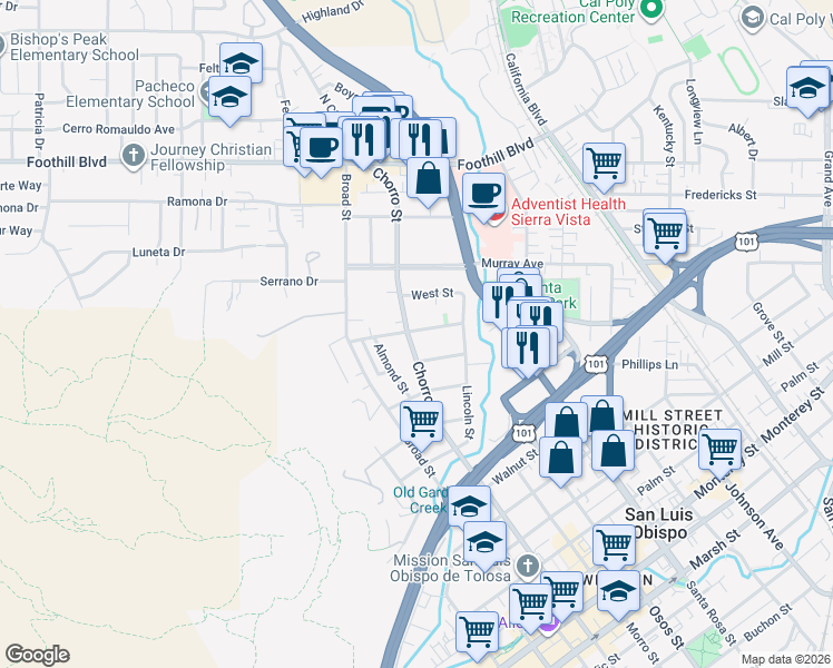 map of restaurants, bars, coffee shops, grocery stores, and more near 826 Mission Street in San Luis Obispo