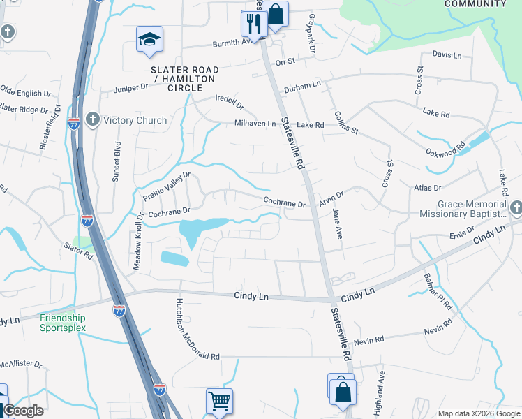 map of restaurants, bars, coffee shops, grocery stores, and more near 3100 Cochrane Drive in Charlotte