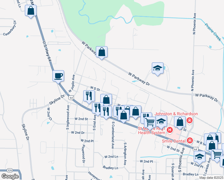 map of restaurants, bars, coffee shops, grocery stores, and more near 404 Hunter Ridge Lane in Russellville