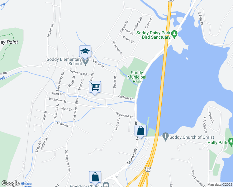 map of restaurants, bars, coffee shops, grocery stores, and more near 197 Durham Street in Soddy-Daisy