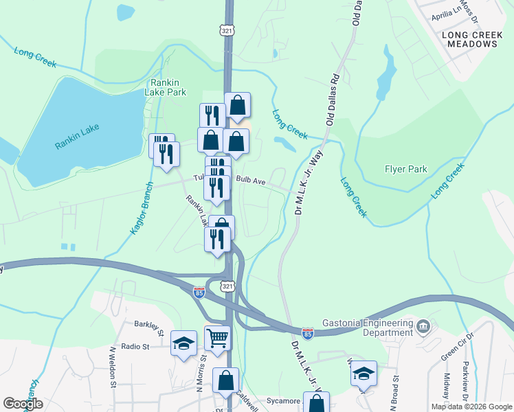 map of restaurants, bars, coffee shops, grocery stores, and more near 230 Waterfowl Street in Gastonia